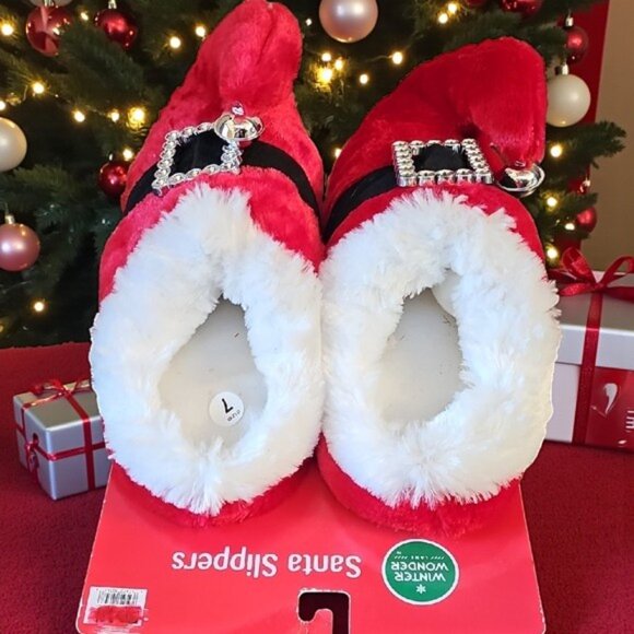 NWT plush stuffed Santa Christmas X-mas slippers & headband festive Size 7/8 - Picture 2 of 14